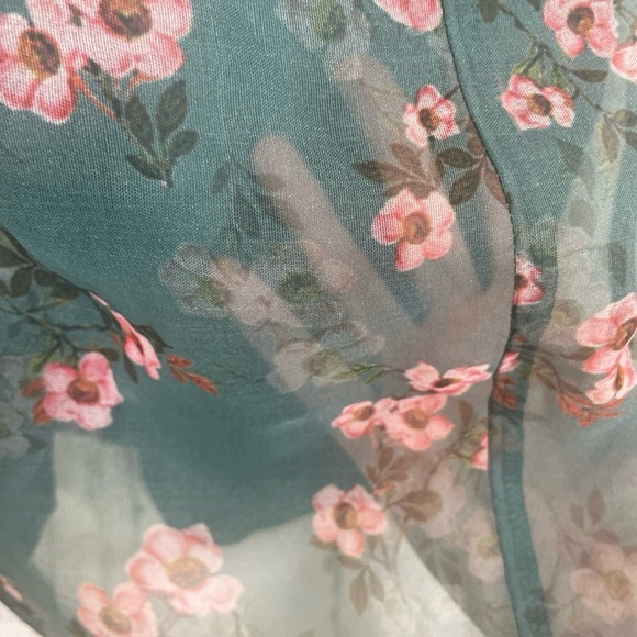 RAHI Anthropologie Teal Floral Mini Dress Size M Sheer Puff Sleeve Button Front - Picture 5 of 8